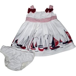 Gymboree 2 Piece Bow Scenic Sailboat Dress & Bloomers White Baby 0-3M